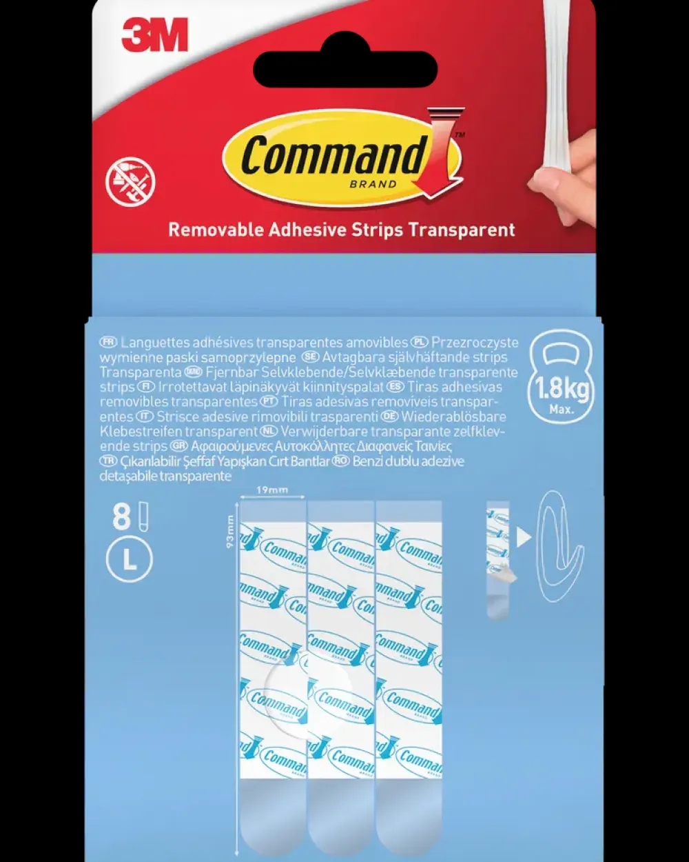 Command ™ Aftagelige Klæbestrips 8 stk - Transparent L| Kroge Og Ophæng|Tape